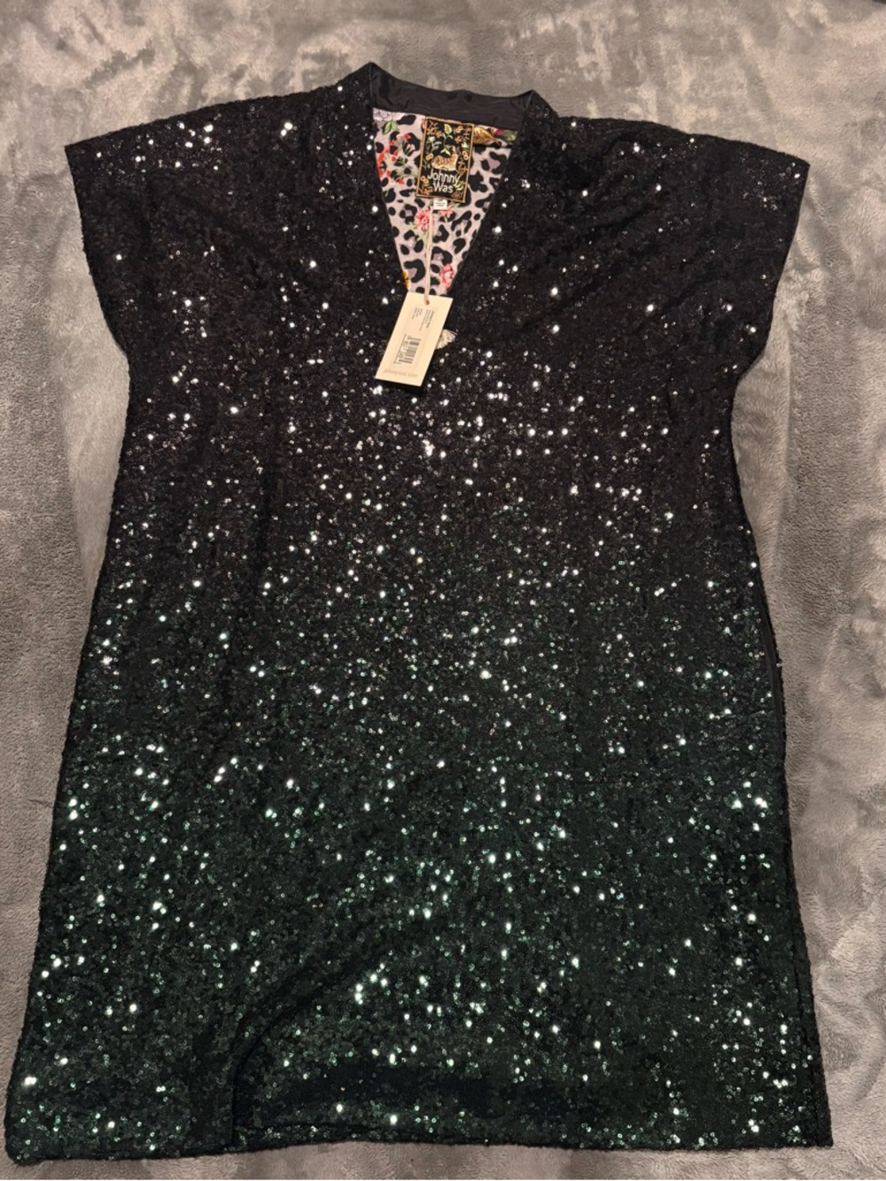 Johnny Was Black & Green Sequin V-Neck Dress